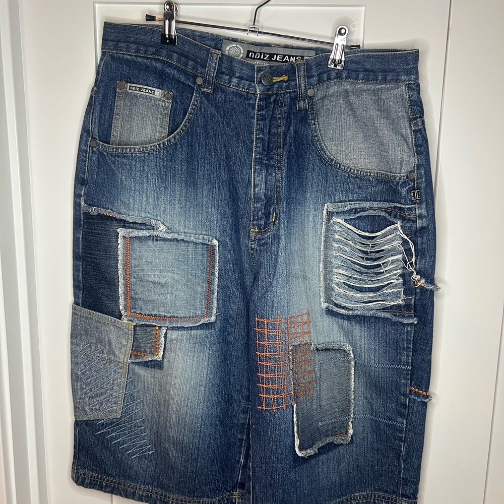 Noiz Jeans 34 Patchwork Denim Shorts Y2K Baggy Skater Streetwear